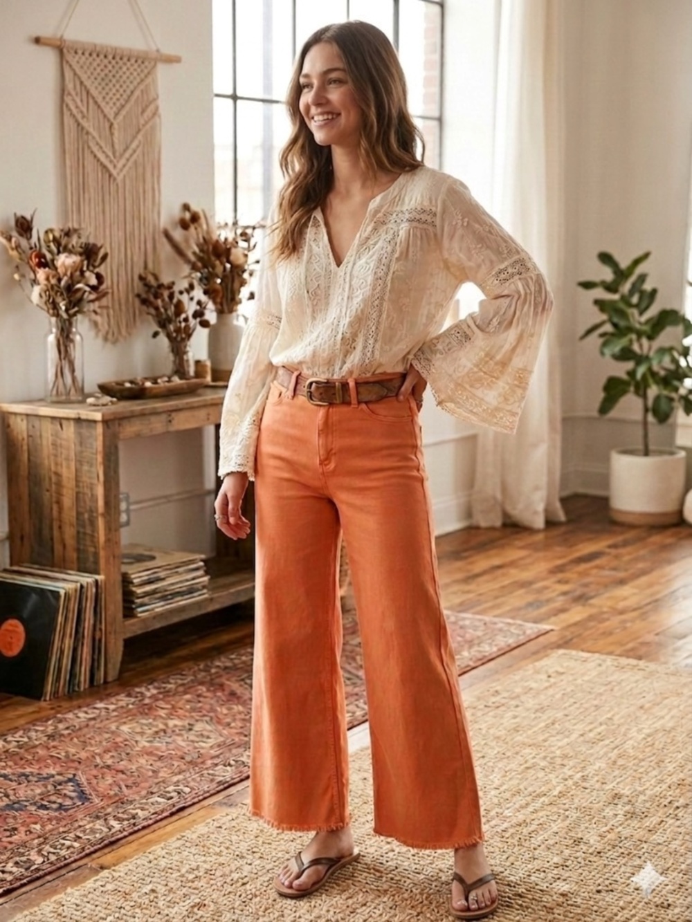 Billabong Free Fall Wide Leg Pants Ginger Orange Raw Frayed Hem Boho Denim Sz 26